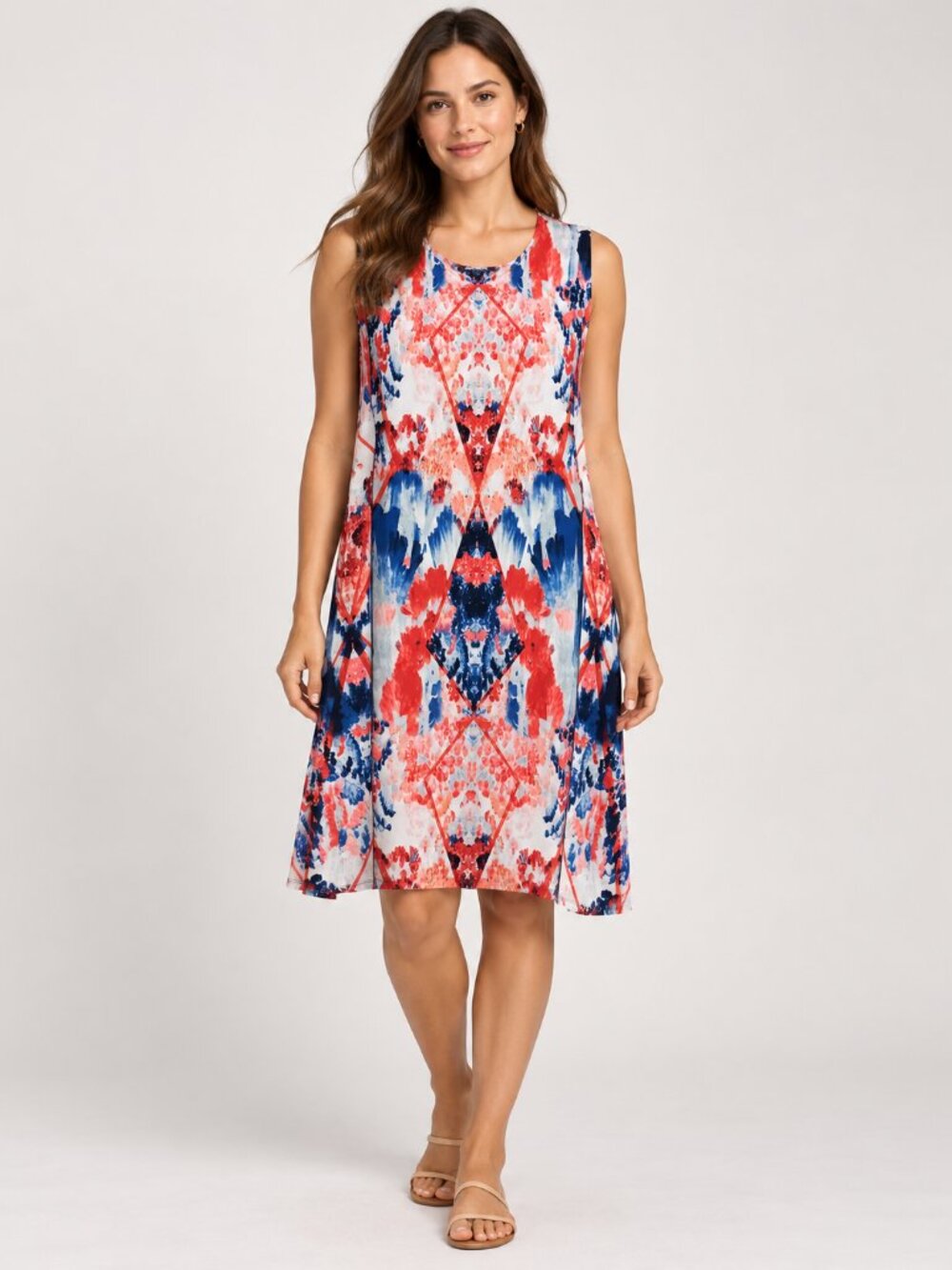 Roaman’s Plus Size Abstract Print Sleeveless Stretch Swing Dress Red Blue